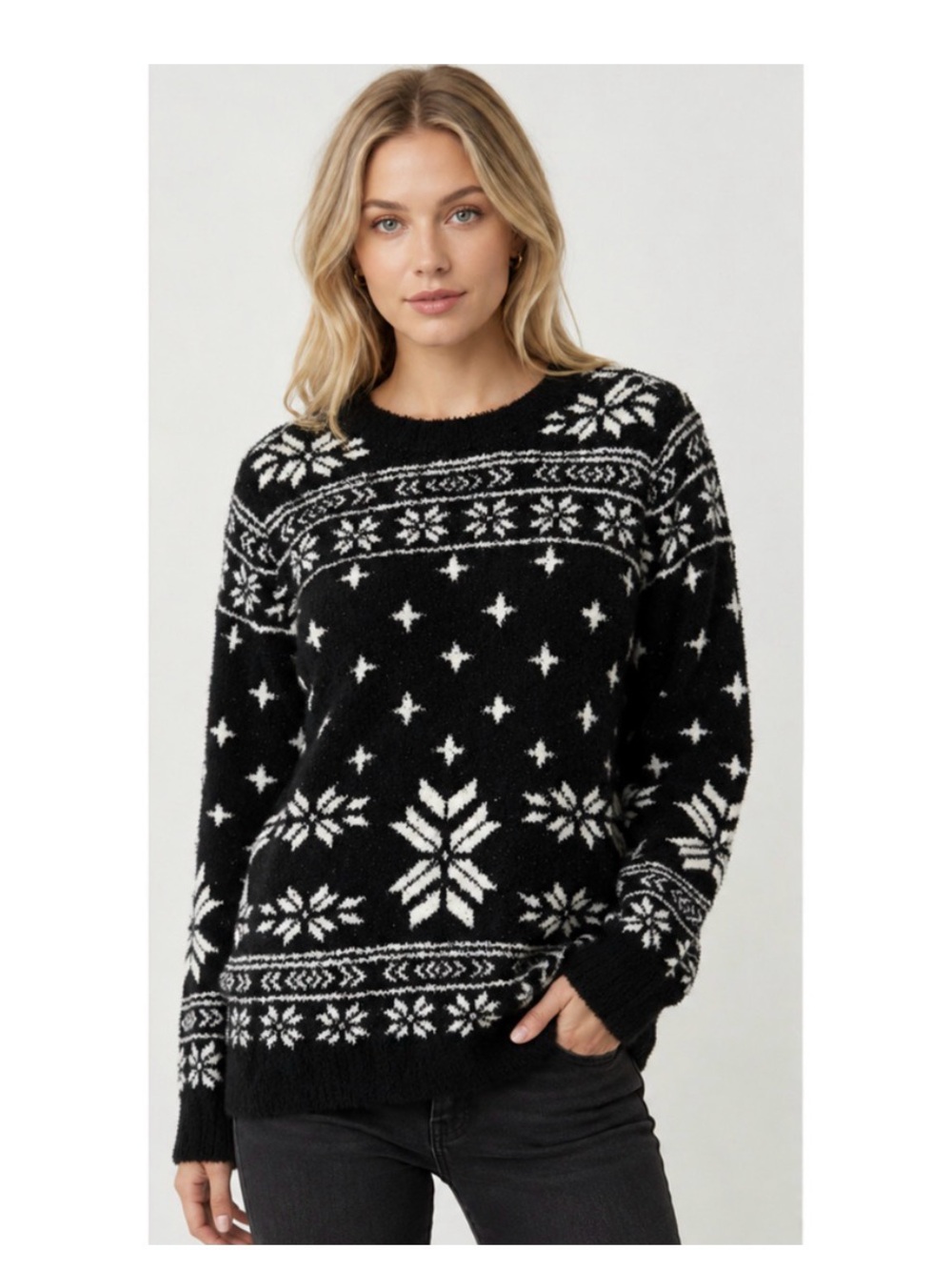 Barefoot Dreams Cozychic Seaside Fair Isle Crew Neck Sweater in Black Size S